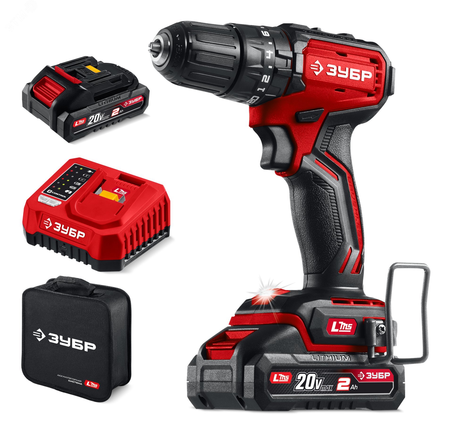 Изображение товара Бесщеточная ударная дрель-шуруповерт 20 В с двумя аккумуляторами и рукояткой