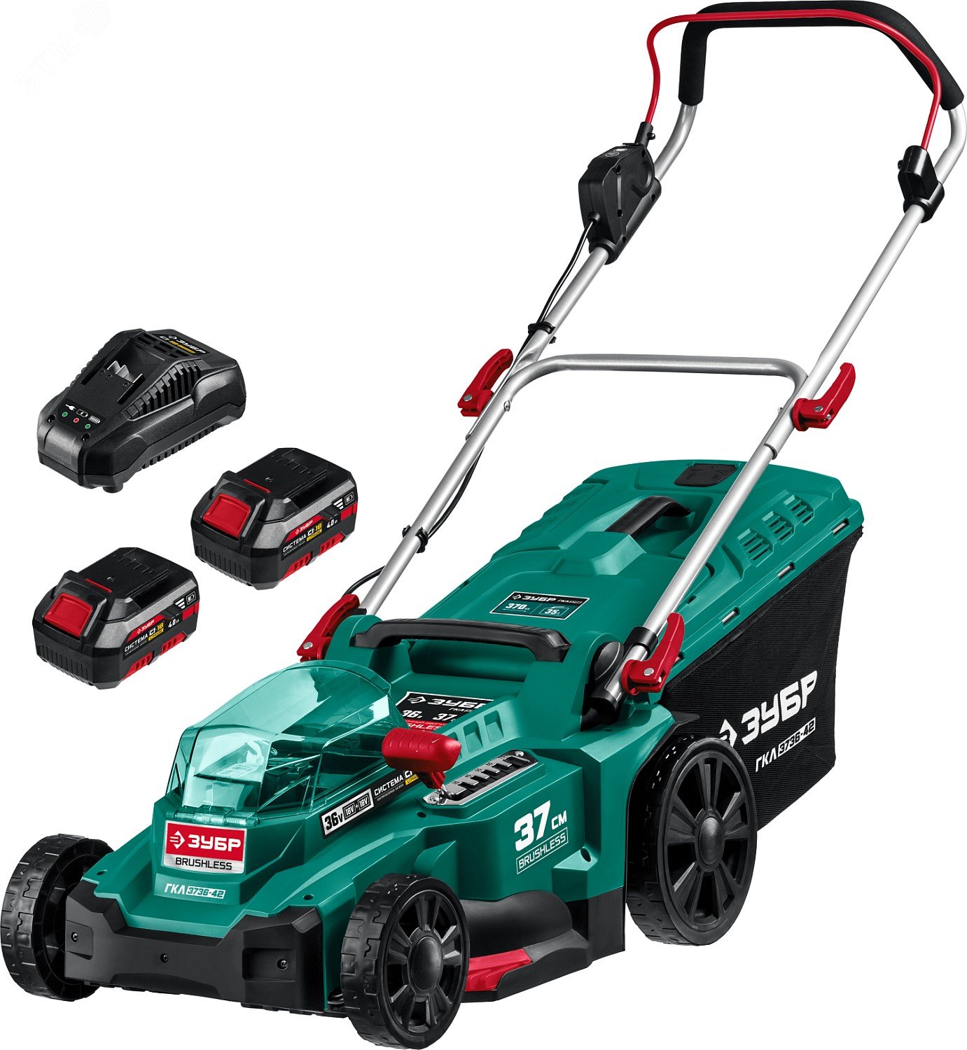 Изображение товара Газонокосилка бесщеточная 36В с двумя аккумуляторами ЗУБР