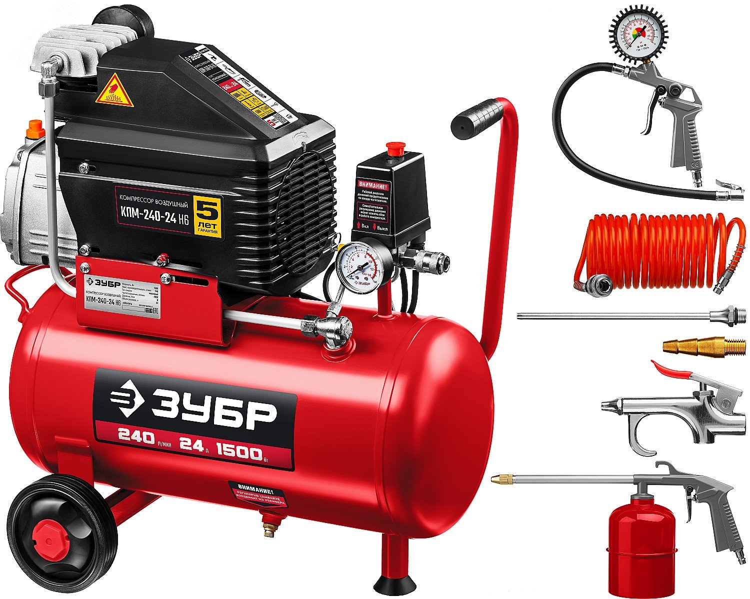 Изображение товара Воздушный компрессор ЗУБР 240 л/мин 24 л 1500 Вт с аксессуарами для пневмоинструмента