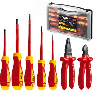 Изображение товара Набор: Губцевый инструмент, диэлектрический, высоковольтный до ~1000В, маслобензостойкая рукоятка, 7предм, Профессионал 2214-H7 (шт)