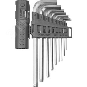 Изображение товара Набор ключей ''ЭКСПЕРТ'' имбусовые длинные с шариком, Cr-Mo, сатинированное покрытие, держатель-рукоятка, HEX 1,5-10мм, 9 пред (шт)