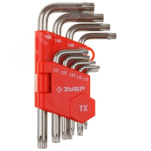 Изображение товара Набор ключей ''Мастер'' имбусовые короткие, Cr-V, сатинированное покрытие, пластиковый держатель, TORX Т10-Т50, 9 пред (шт)