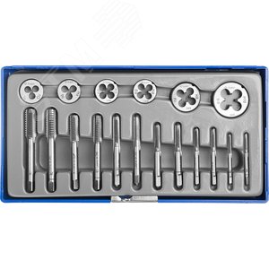 Набор метчиков и плашек в пластиковом боксе, сталь 9ХС 18 предметов - фото 1