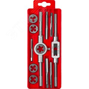 Изображение товара Набор метчиков и плашек в пластиковом боксе, сталь 9ХС 12 предметов (шт)