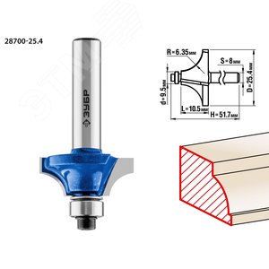 Кромочная калевочная фреза Профессионал №1, 25.4x10.5 мм, радиус 6.3 мм - фото 1