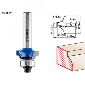 Изображение товара Кромочная калевочная фреза Профессионал №1, 19x7.4 мм, радиус 3.2 мм (шт)