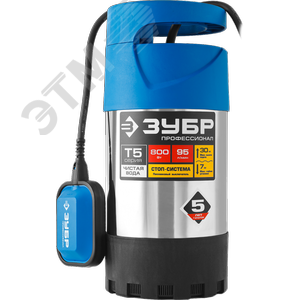 Изображение товара Насос дренажный погружной Профессионал НПЧ-Т5-800-С ЗУБР для чистой воды, 800 Вт, корпус нерж.сталь (шт)