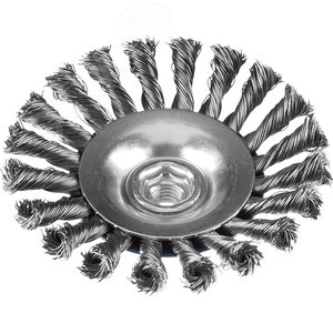 Щетка коническая для УШМ, плетеные пучки стальной проволоки 0,5мм, 115ммхМ14 ''Профессионал''. - фото 1