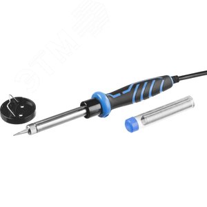 Электропаяльник 60Вт, в наборе припой + подставка, 2-комп. рукоятка, конус, керамический нагреватель - фото 1