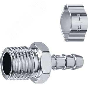 Изображение товара Переходник штуцер ''елочка'' 6 мм - 1/4''M, с обжимным хомутом Профессионал (шт)