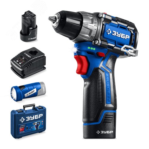 Набор, дрель-шуруповерт, LED фонарь, КОМПАКТ 4, BRUSHLESS, 12 В, 45 Н·м, 2 АКБ тип Т7 2 А·ч, кейс, Профессионал - фото 1