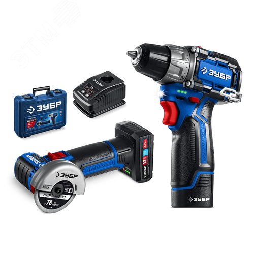 Набор, дрель-шуруповерт, мини УШМ, LED фонарь КОМПАКТ 5, BRUSHLESS, 12 В, 45 Н·м, 2 АКБ тип Т7 4 и 2 А·ч, кейс, Профессионал - фото 1