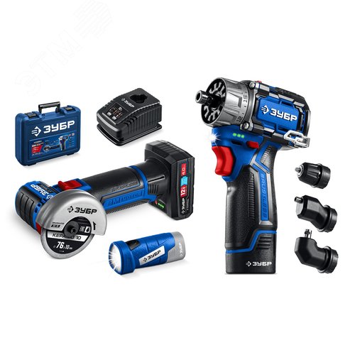Набор, дрель-шуруповерт, мини УШМ, LED фонарь, КОМБИ 5, BRUSHLESS, 12 В, 45 Н·м, 2 АКБ тип Т7 4 и 2 А·ч, кейс, Профессионал - фото 1