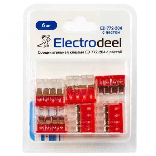 Клемма соединительная  4-контактная ED 772-204-b6  (6шт)  с контактной пастой Elеctrodeel. Диапазон  сечений 0,5-2,5 мм2. Номинальный ток/напряжение:  24А/450В.Упаковка: блистер. ED 772-204-b6 с пастой Electrodeel - превью 3