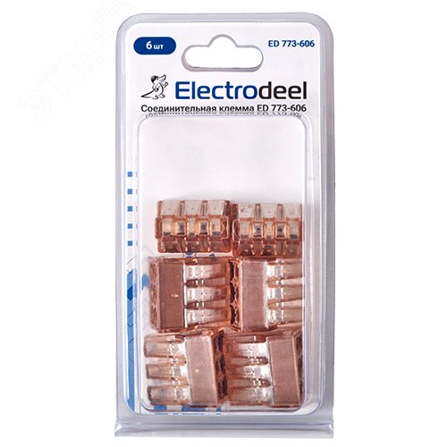 Клемма соединительная  6-контактная (6шт) Elеctrodeel. Диапазон сечений 1,5-4,0 мм2. Номинальный ток/напряжение: 32А/400В. Упаковка: блистер. ED 773-606-b6 Electrodeel - превью 3
