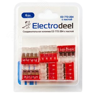 Клемма соединительная  4-контактная ED 772-204-b6  (6шт)  с контактной пастой Elеctrodeel. Диапазон  сечений 0,5-2,5 мм2. Номинальный ток/напряжение:  24А/450В.Упаковка: блистер. ED 772-204-b6 с пастой Electrodeel - 3