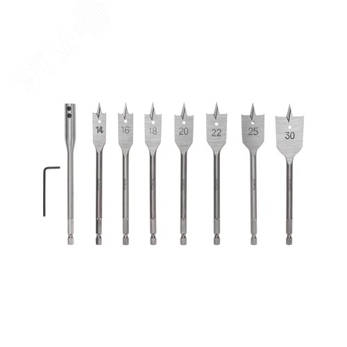 Изображение товара Набор сверл перовых по дереву 9 предметов: 14-16-18-20-22-25-30х152 мм, удлинитель, ключ угловой (наб.)