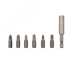 Набор бит 25 мм PH1, PH2, PZ1, PZ2, SL5.5, T30 с магнитным держателем (упак - 7 шт.)