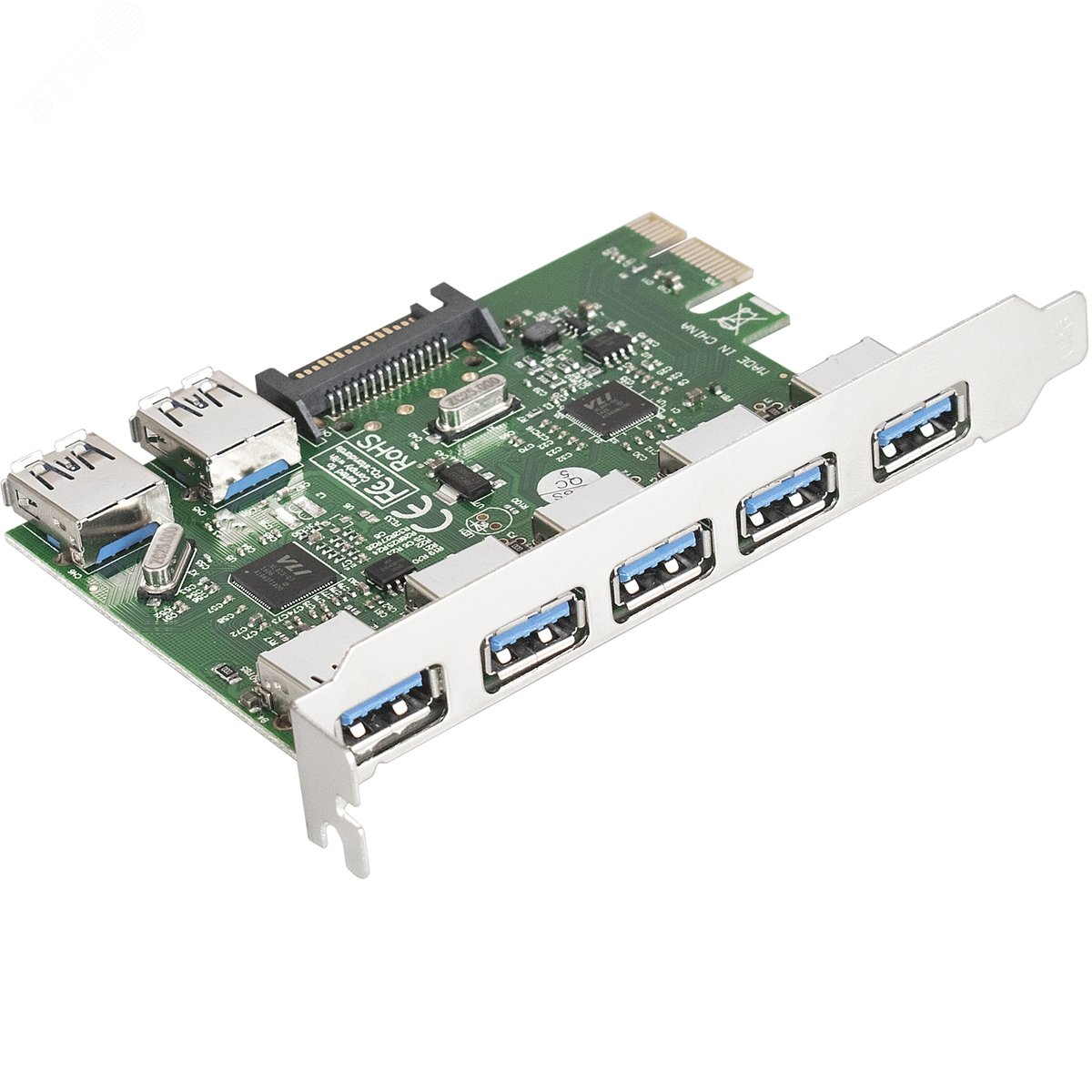 Изображение товара Плата расширения PCI-E с 7 портами USB 3.0 (5 внешних + 2 внутренних), чип VIA Labs VL805, с разъёмом доп. питания (шт)