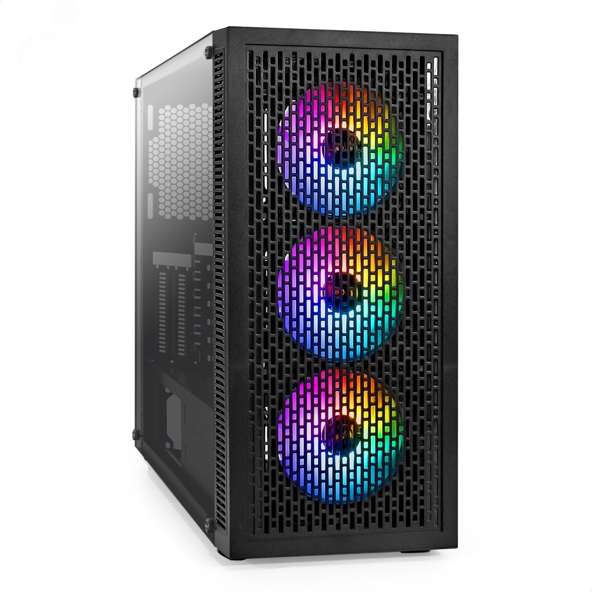 Изображение товара Корпус для ПК, Miditower, ATX, без БП, 2xUSB + 1xUSB 3.0 + HD Audio, чёрный, 3 вентилятора с RGB-подсветкой, боковая панель — закалённое стекло (шт)