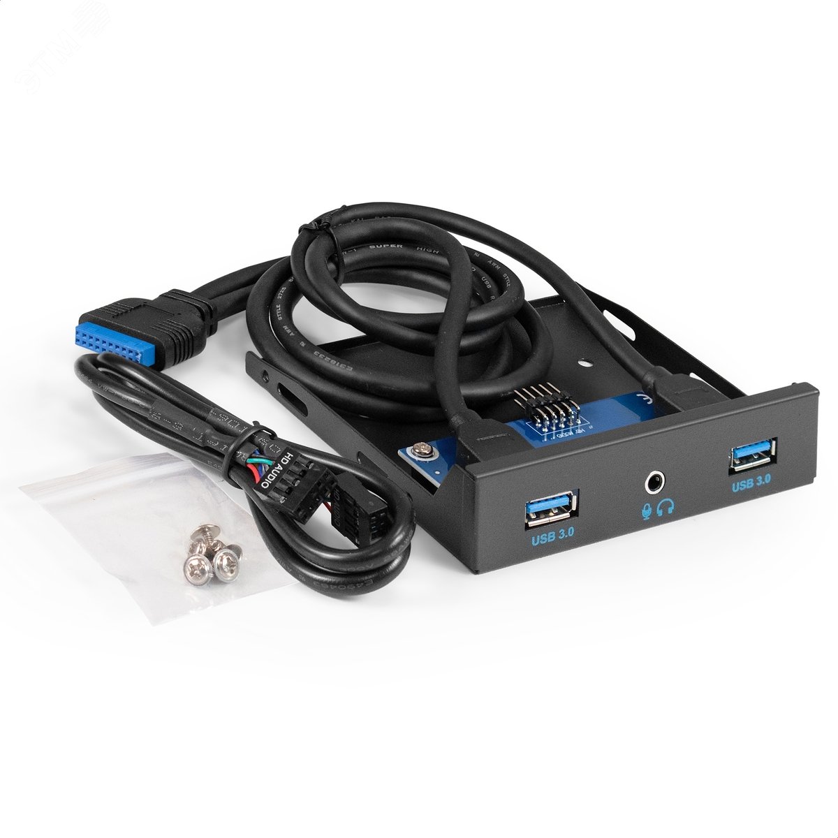 Изображение товара Планка USB на переднюю панель U3H-627S, формат 3.5'', 2 x USB 3.0 + 1 x HD Audio Combo, чёрный, металл, подключение к материнской плате (шт)
