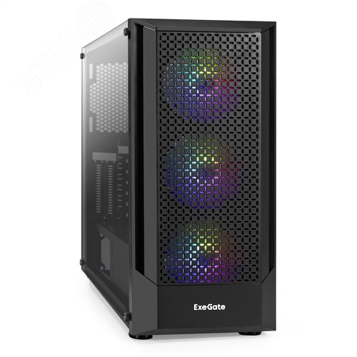Изображение товара Корпус для ПК, Miditower, ATX, без БП, 2xUSB + 1xUSB 3.0 + HD Audio, чёрный, RGB, 3 вентилятора (шт)