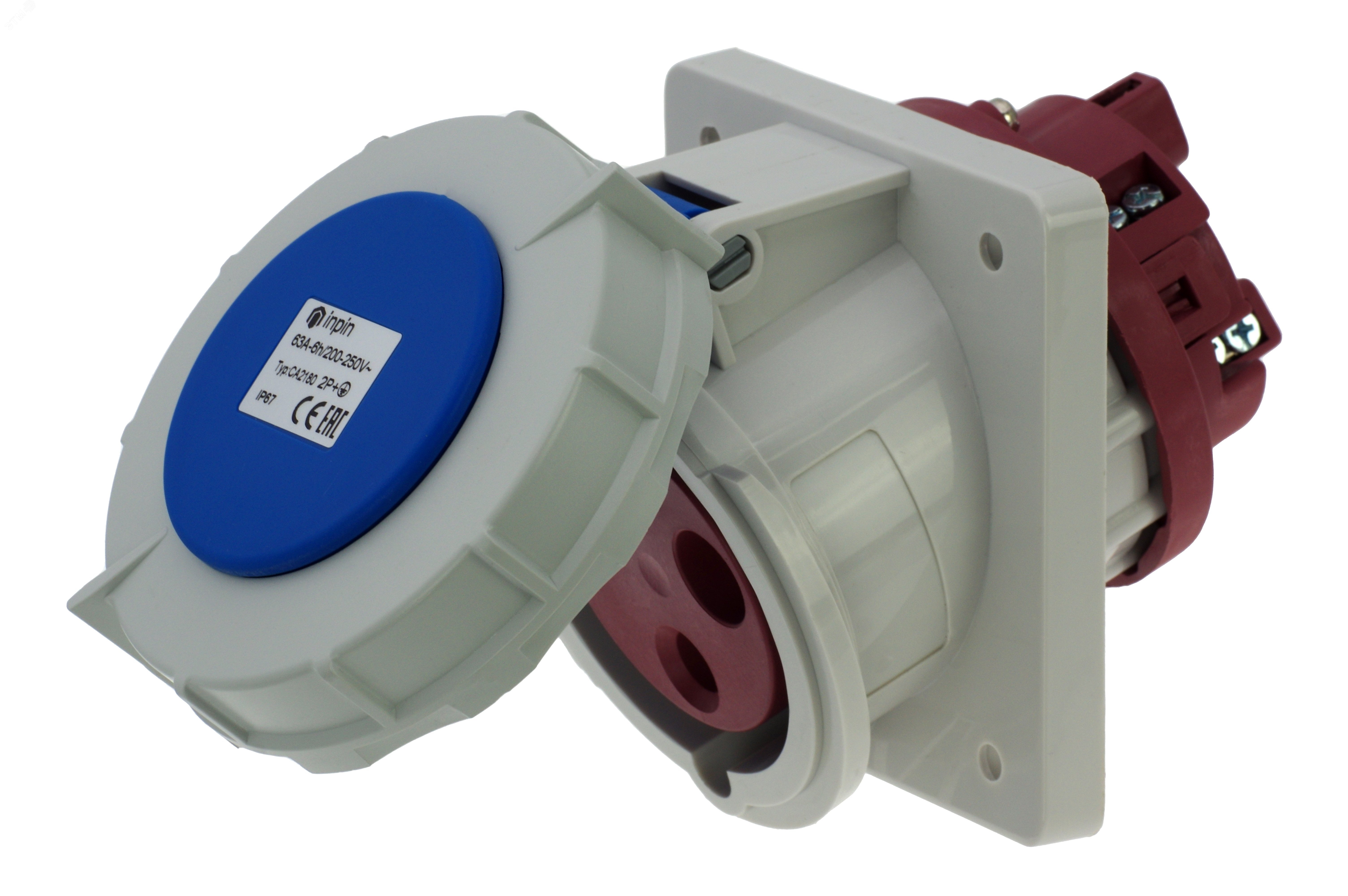 Изображение товара Розетка встраиваемая наклонная 63A/230V/1P+N+E/IP67, фланец 106x110 (шт)