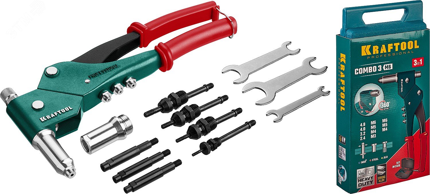 Изображение товара Комбинированный поворотный заклепочник 360 гр в кейсе 3 вида заклепок Combo3-M6