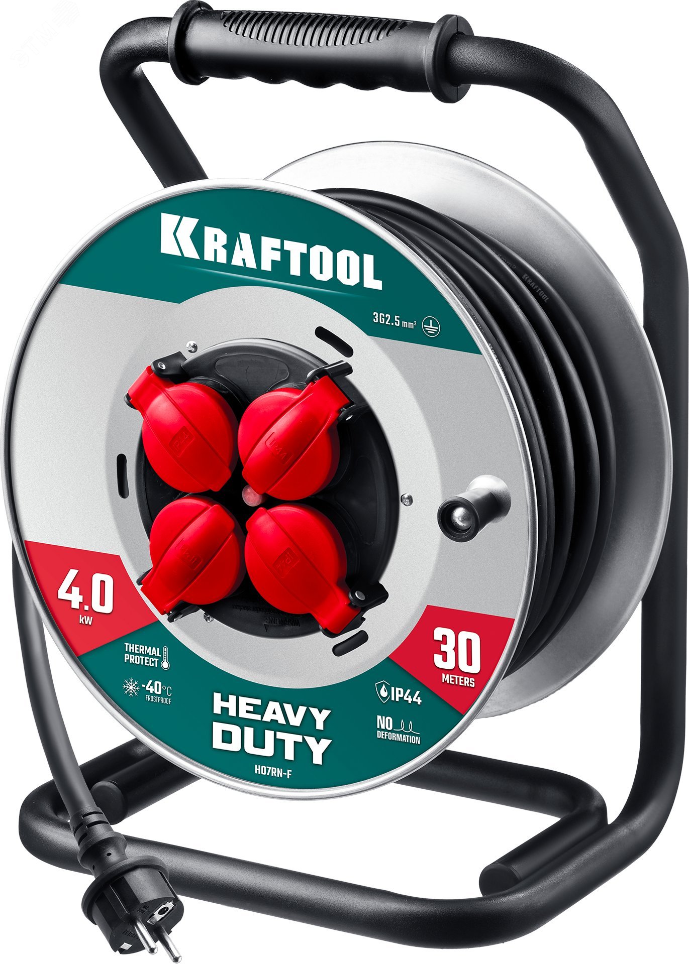 Изображение товара Удлинитель силовой на стальной катушке HEAVY DUTY, КГ 3х2.5 30м 4000Вт IP44 (шт)