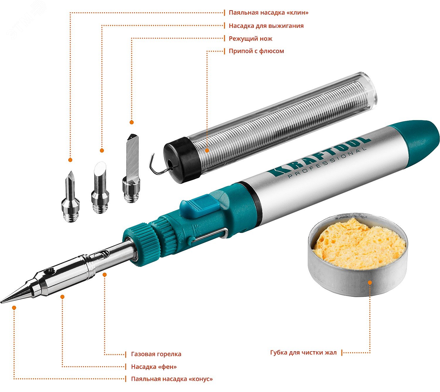 Газовый паяльник SolderPro 70B, набор 8-в-1, 30-70 Вт, горелка, фен, 1300°С 55504-H8 KRAFTOOL - превью 3