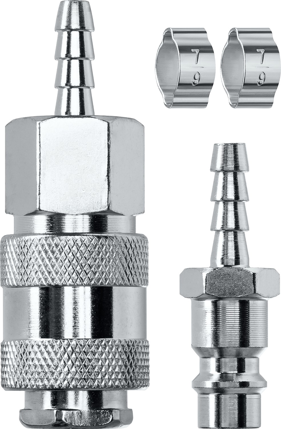 Набор (штуцер ''елочка'' 6 мм - рапид муфта) + (рапид штуцер-штуцер ''елочка'' 6 мм) + (обжимные хомуты 2 шт)