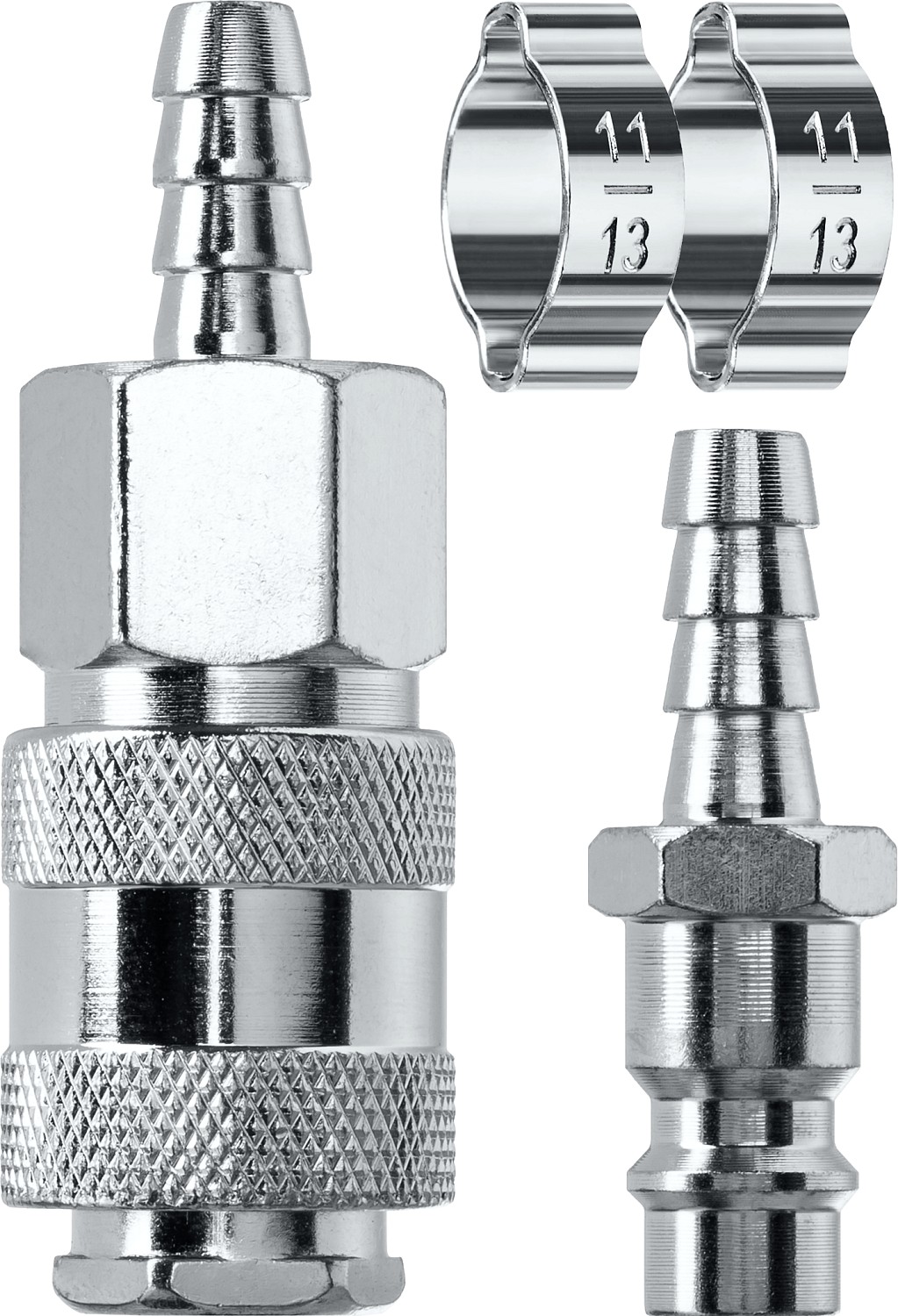 Набор (штуцер ''елочка'' 8 мм - рапид муфта) + (рапид штуцер-штуцер ''елочка'' 8 мм) + (обжимные хомуты 2 шт)