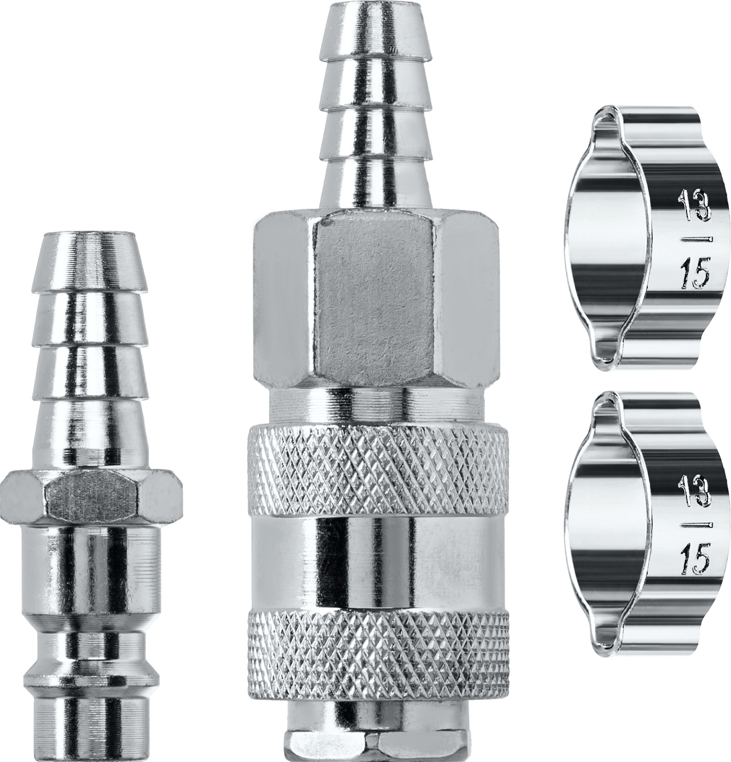 Набор (штуцер ''елочка'' 10 мм - рапид муфта) + (рапид штуцер-штуцер ''елочка'' 10 мм) + (обжимные хомуты 2 шт)