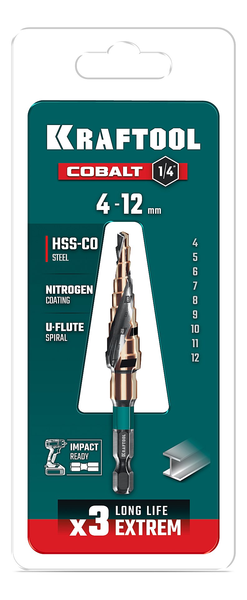 Сверло ступенчатое, азотирование, винтовая спираль, COBALT 4-12мм, 9 ступеней