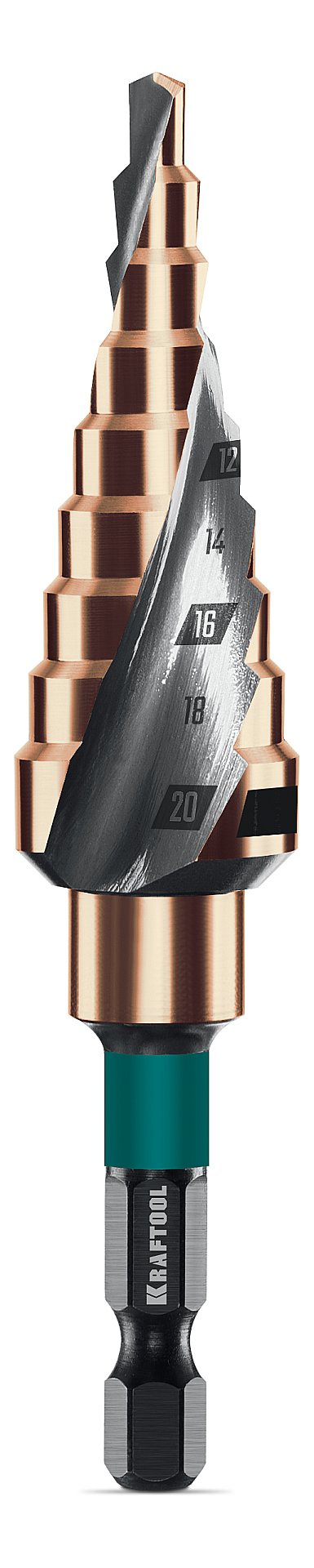 Сверло ступенчатое, азотирование, винтовая спираль, COBALT 4-20мм, 9 ступеней