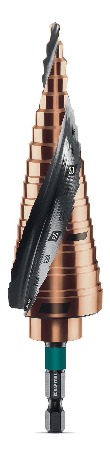 Сверло ступенчатое, азотирование, винтовая спираль, COBALT 4-32мм, 15 ступеней