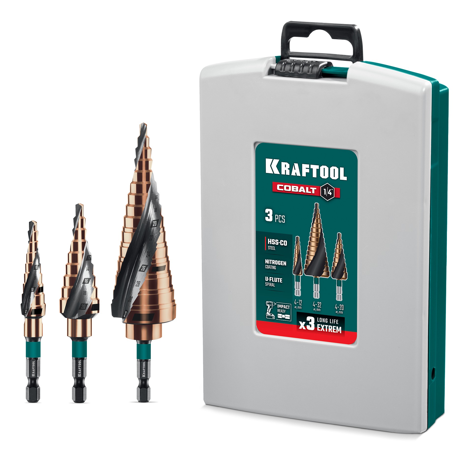 Сверло ступенчатое, азотирование, винтовая спираль, COBALT 4-32мм, 15 ступеней, 3 шт.