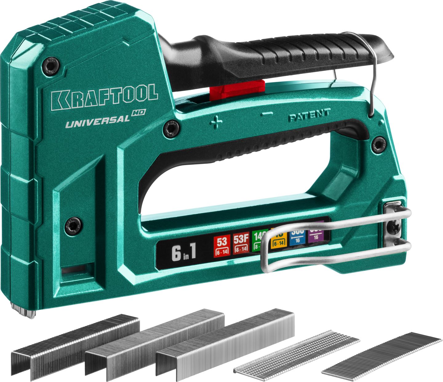 Степлер алюминиевый, универсальный, Universal-HD, 6-в-1: 53 A/10/JT21, 23GA 6 - 14 мм/140 G/11/57, 20GA 8 - 14 мм/13/53F/300/500