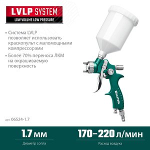 Краскопульт пневматический AirFlat LVLP с верхним бачком, 1.7мм - фото 2