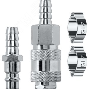 Изображение товара Набор (штуцер ''елочка'' 10 мм - рапид муфта) + (рапид штуцер-штуцер ''елочка'' 10 мм) + (обжимные хомуты 2 шт) (наб)