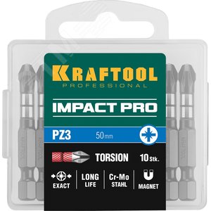 Биты Impact Pro, Pozidriv, тип хвостовика E 1/4'', PZ3, 50мм, 10шт, в пластиковом боксе - фото 2