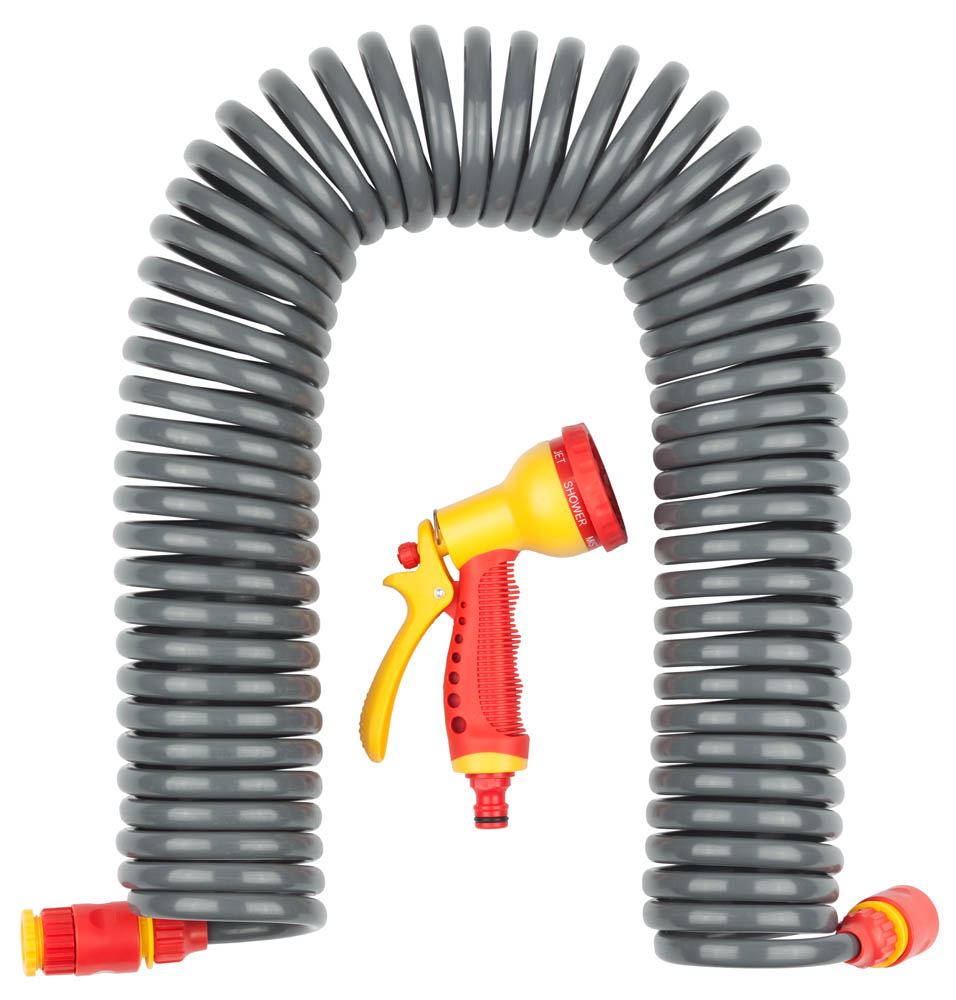 Набор поливочный: шланг спиральный 3/8''x15м, пистолет-распылитель, адаптеры PROLine