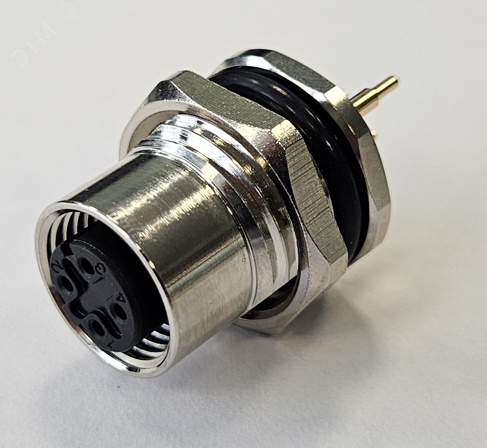 Изображение товара Разъем М12, 4D, гнездовой, пайка на печатную плату, металлический, прямой, резьба M16, приборная часть, монтаж с внутренней стороны, с заземлением (шт)