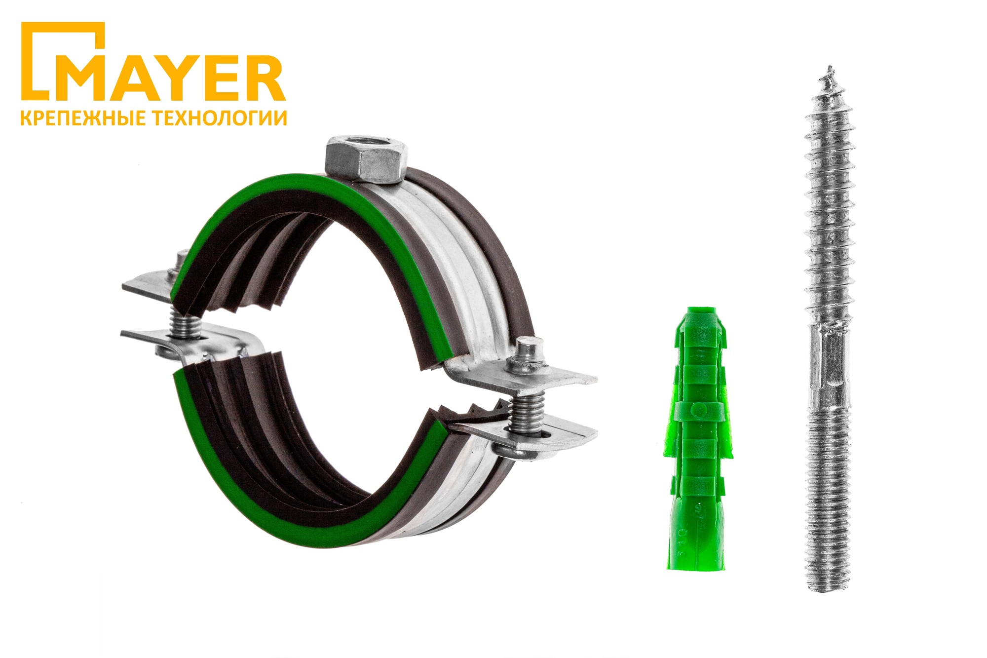 Хомут сантехнический Mayer со шпилькой 10х100 и дюбелем д/труб Ф150 (149-161мм) гайка М10