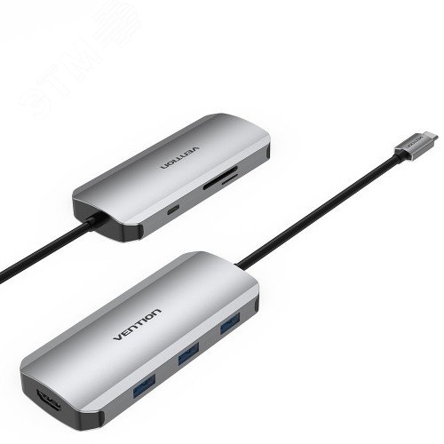 Изображение товара Мультифункциональный хаб USB Type C 7 в 1 с HDMI, Ethernet, картридером и зарядкой