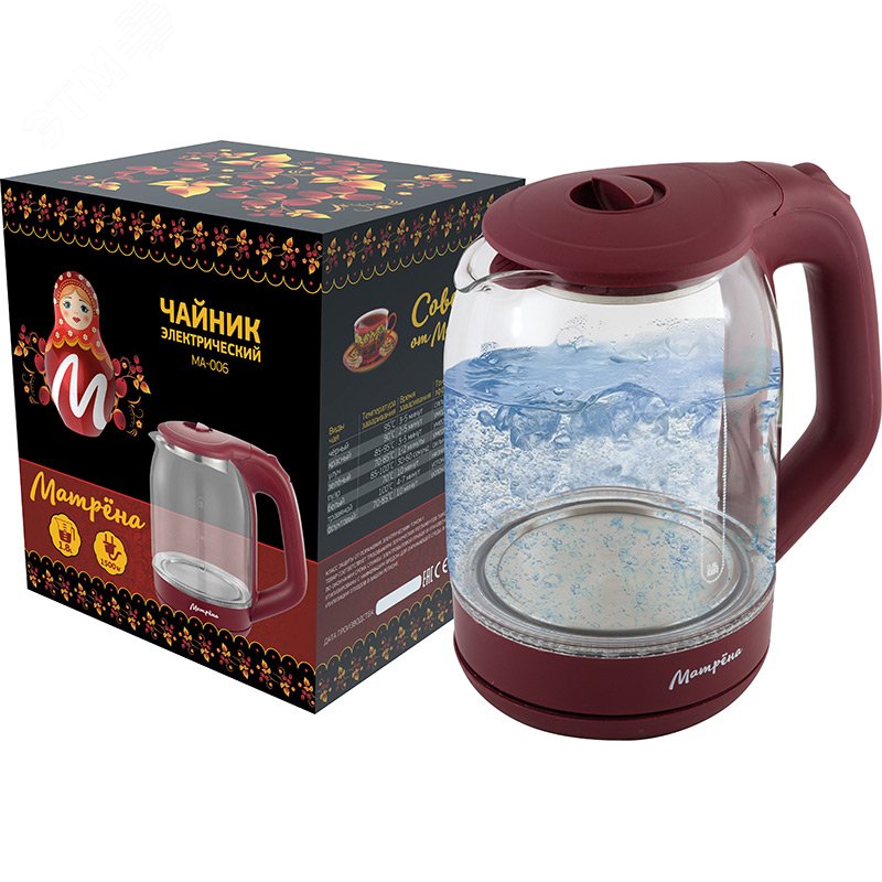 Изображение товара Чайник электрический стеклянный MA-006 на 1.8 л, цвет вишневый (шт)