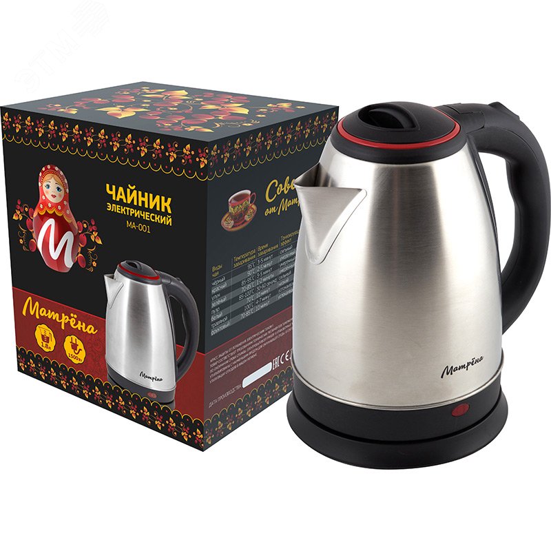 Изображение товара Чайник электрический Матрёна MA-001 стальной на 1.8 л с красной крышкой
