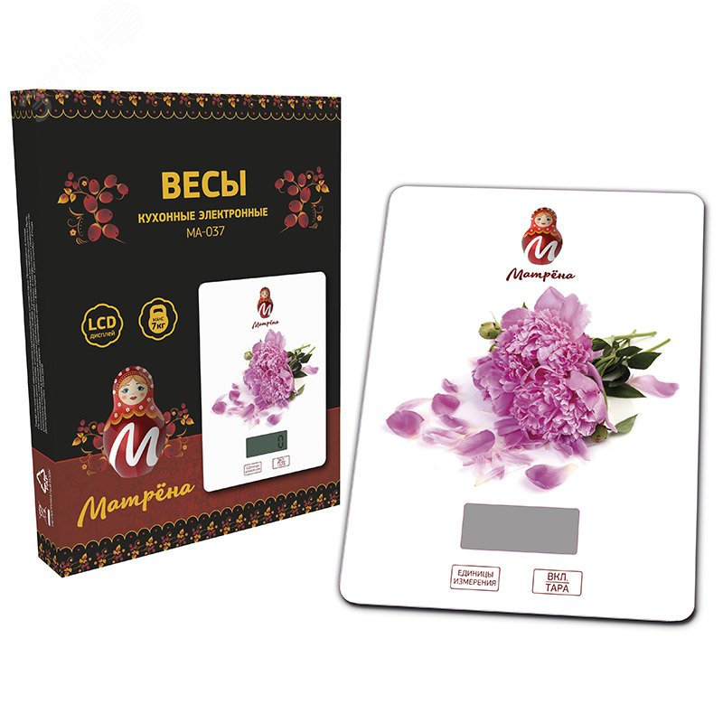 Изображение товара Весы кухонные электронные МА-037 до 7 кг, рисунок ''Пионы'' (шт)