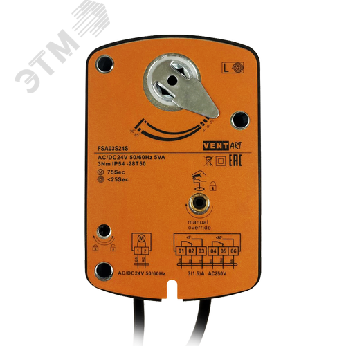 Изображение товара Электропривод ON/OFF, с возвратной пружиной для противопожарных клапанов с 2-я переключателями FSA03S24S (шт)