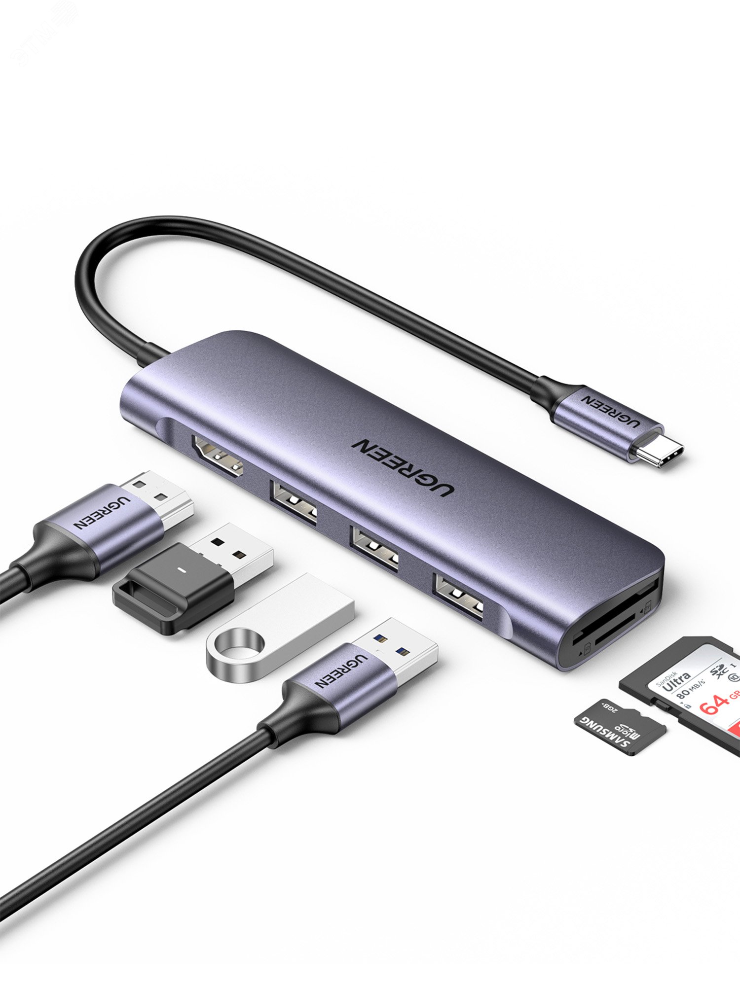 Изображение товара Хаб UGREEN CM195 USB-C к 3xUSB3.0 + HDMI + TF/SD - серый космос